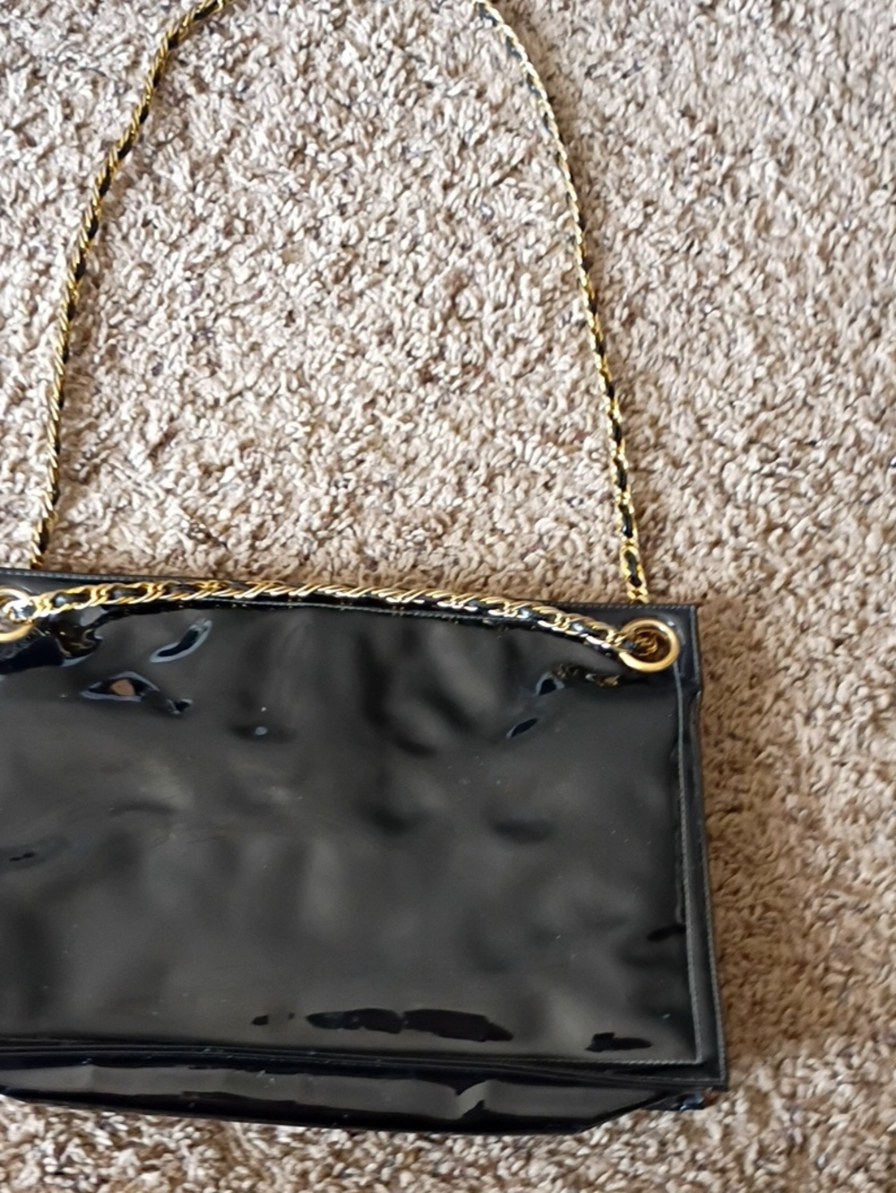 Black Patent Shoulder Bag with Gold Chain Strap